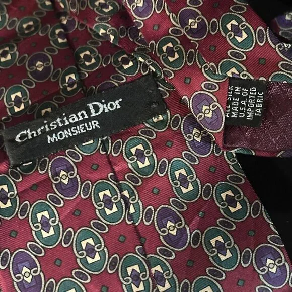 Dior Mid Century Modern Neckwear Tie 100% All Silk Purple Baroque Regal Red Mod - Picture 7 of 7